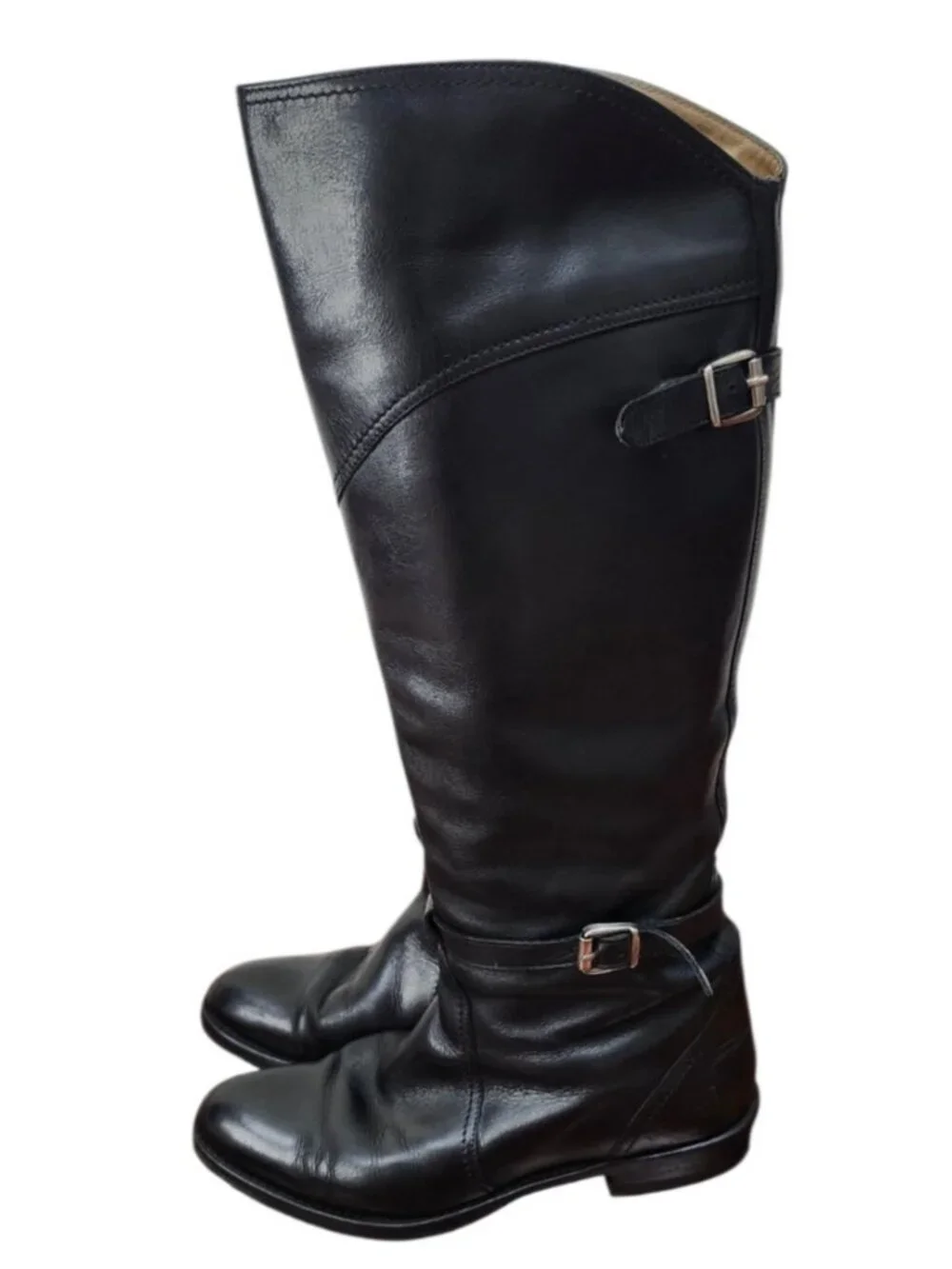 FRYE Black Leather Tall Riding Boots Size 8 Made in Spain Goodyear Welt Buckle